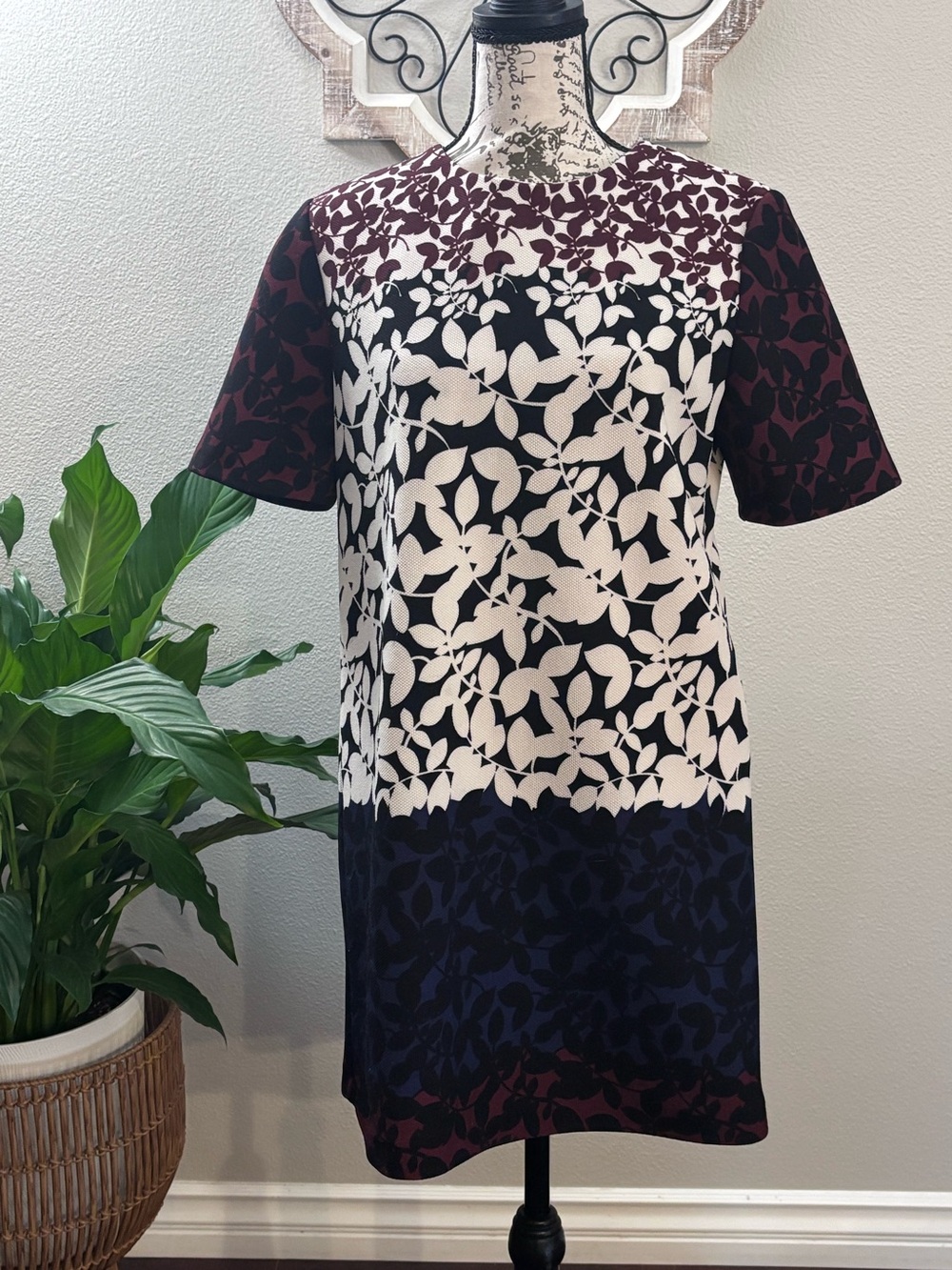 Zara Burgundy Black White Floral Shift Dress